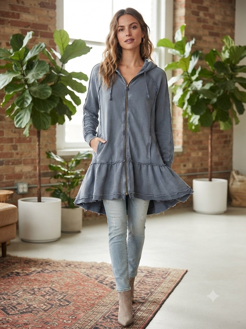 Free People Distressed Ruffle Hem Long Zip-Up Hoodie Grey Size M Boho Chic
